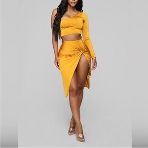 Chic Mustard One-Shoulder Crop Top and Skirt Set